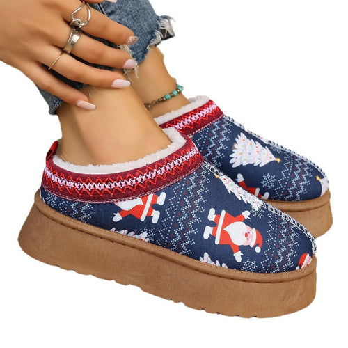 Women's Cartoon Christmas Print Ankle Boots - Casual Slip On Plush Lin