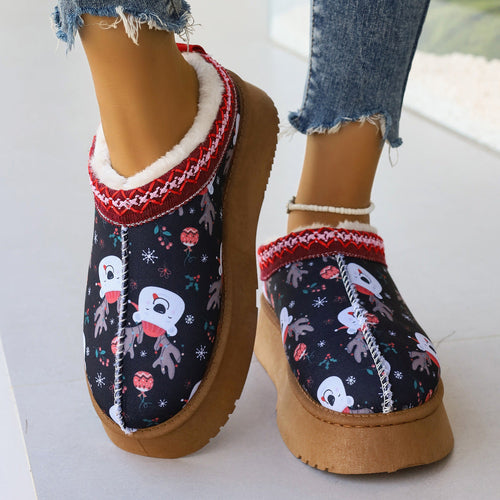 Women's Cartoon Christmas Print Ankle Boots - Casual Slip On Plush Lin