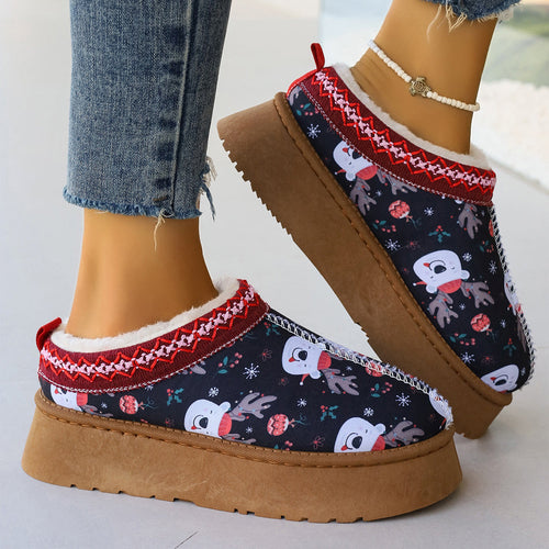 Women's Cartoon Christmas Print Ankle Boots - Casual Slip On Plush Lin