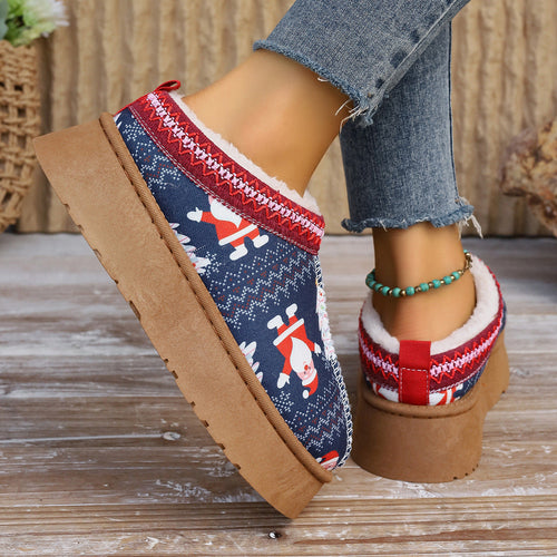 Women's Cartoon Christmas Print Ankle Boots - Casual Slip On Plush Lin