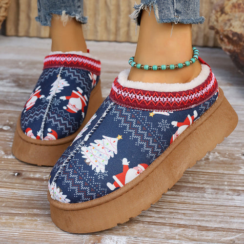 Women's Cartoon Christmas Print Ankle Boots - Casual Slip On Plush Lin