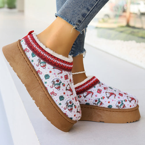 Women's Cartoon Christmas Print Ankle Boots - Casual Slip On Plush Lin
