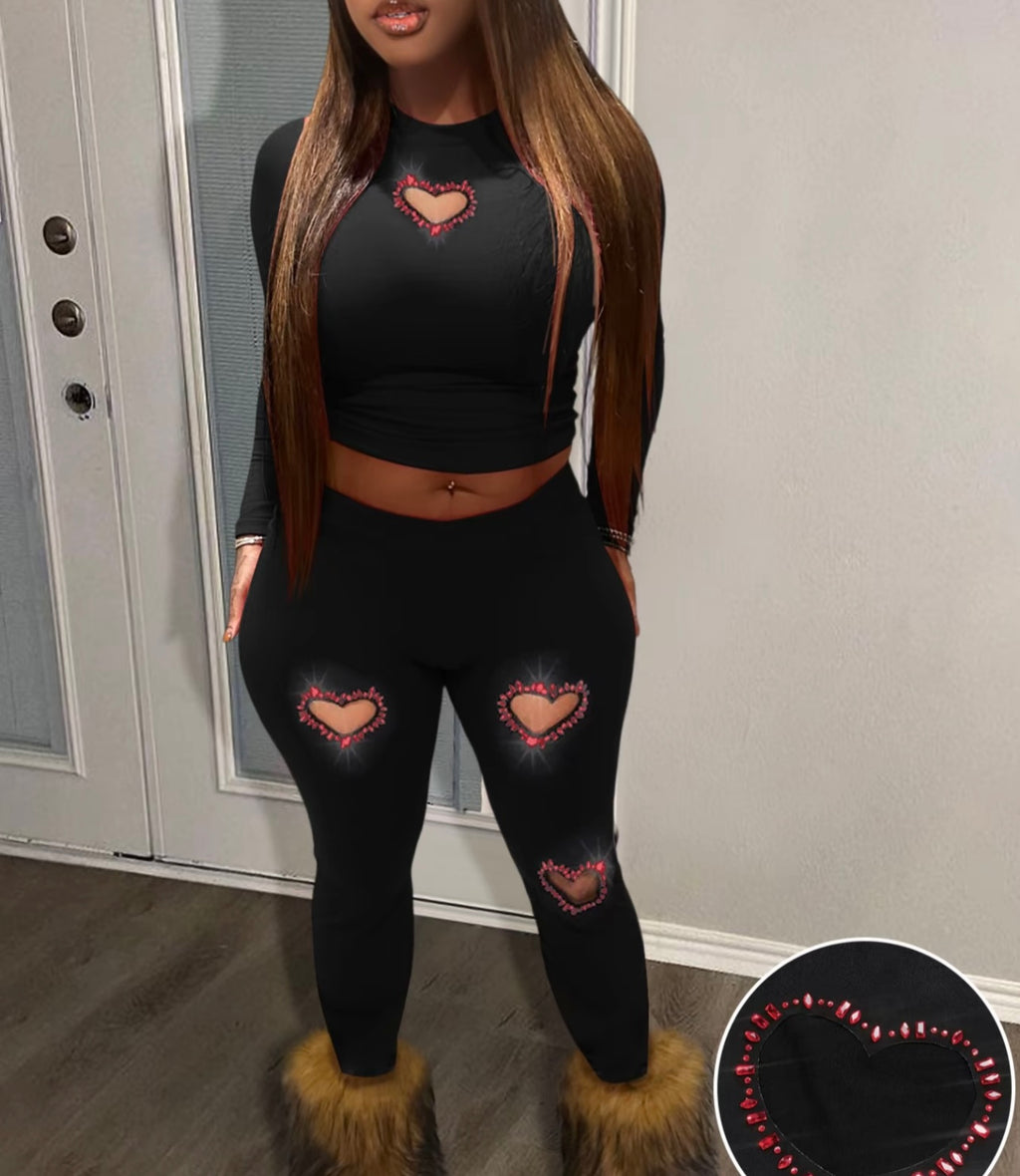 Two-Piece Set Women's Rhinestone Heart Decor Cut Out Crop Top & Skinny Pants Set, Long Sleeve Round Neck Top & Trousers Set for Fall & Winter, Women's Clothes for Daily Wear