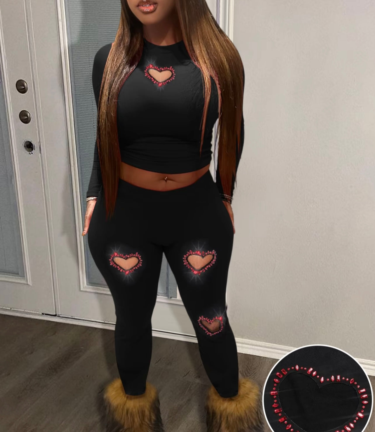 Two-Piece Set Women's Rhinestone Heart Decor Cut Out Crop Top & Skinny Pants Set, Long Sleeve Round Neck Top & Trousers Set for Fall & Winter, Women's Clothes for Daily Wear