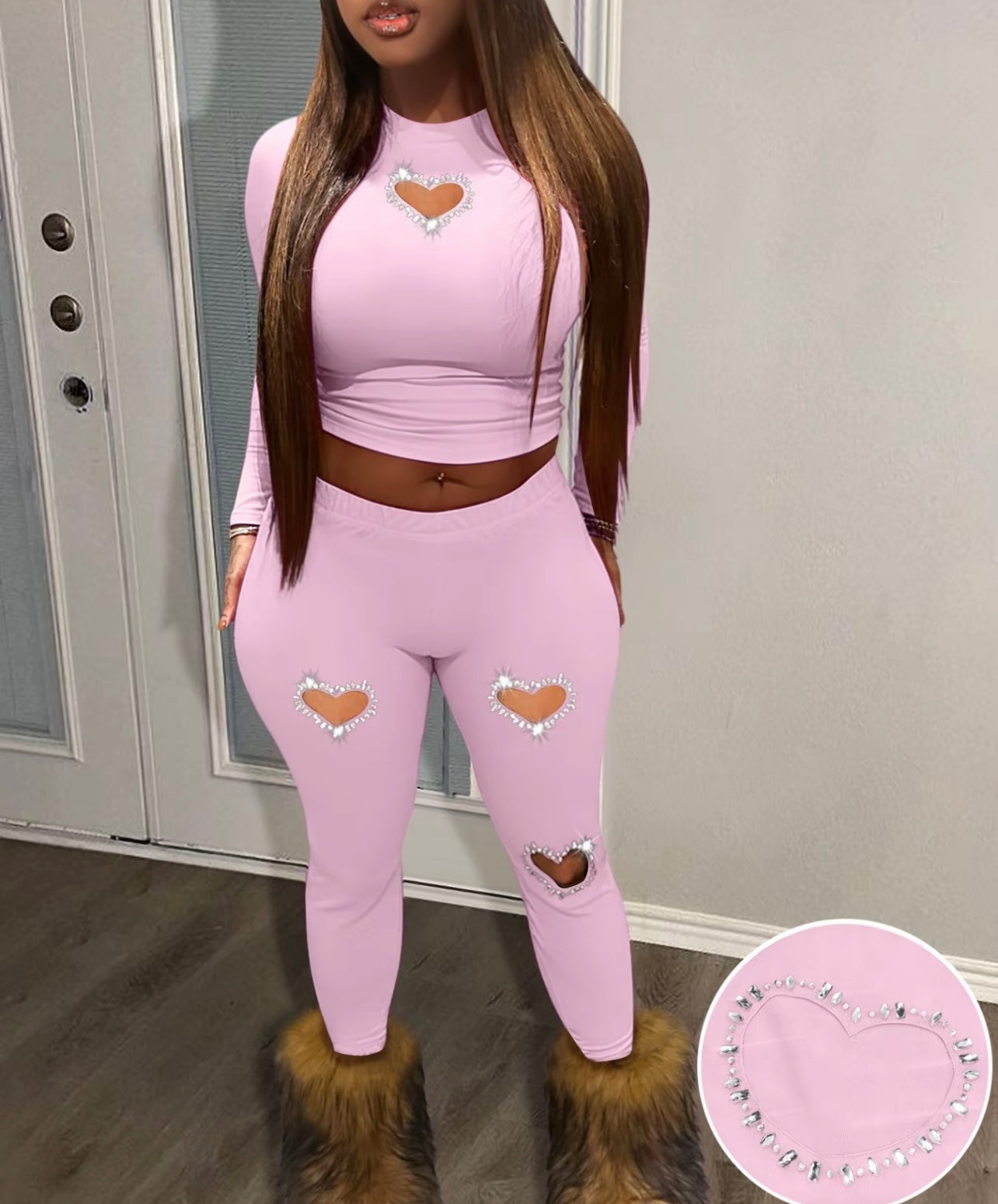 Two-Piece Set Women's Rhinestone Heart Decor Cut Out Crop Top & Skinny Pants Set, Long Sleeve Round Neck Top & Trousers Set for Fall & Winter, Women's Clothes for Daily Wear